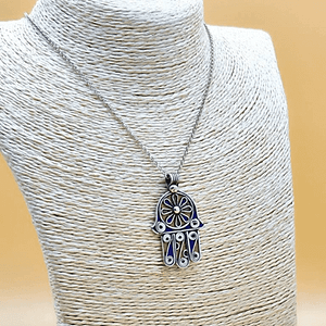 Silver Hamsa Necklace Hand of Fatima Pendant Handcrafted Vintage