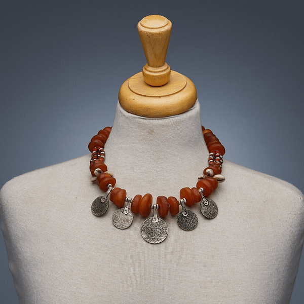Berber Amber Necklace | Unique Amazigh Necklace with Old Silver Coins