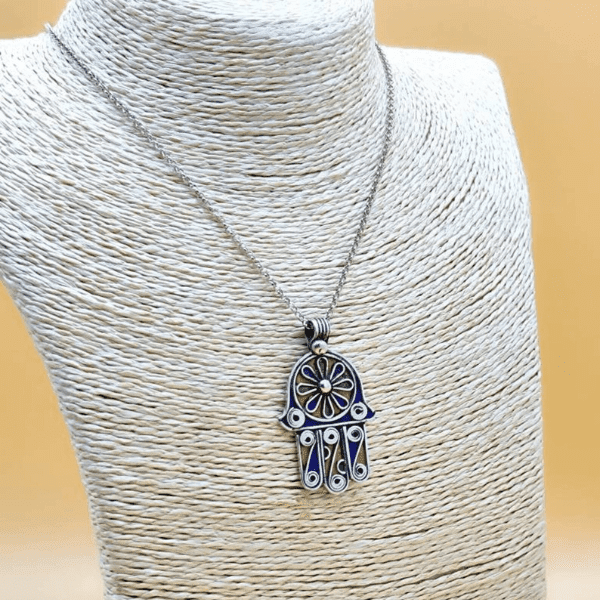 Silver Hamsa Necklace Hand of Fatima Pendant Handcrafted Vintage