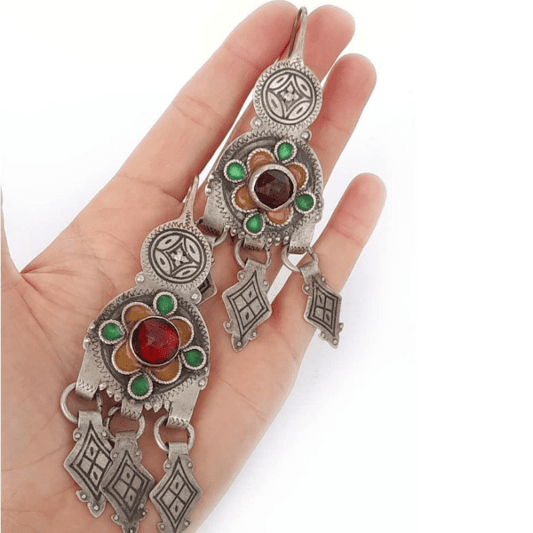 Antique Berber Earrings Silver, enamel flowers, red glass and Niello Amazigh earrings